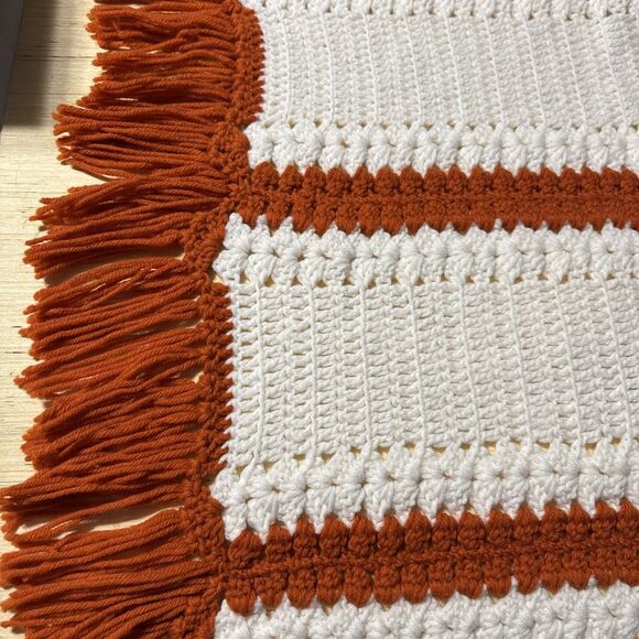 Handmade Crochet Afghan 69 X 44 Burn Orange/Rusty Color & Cream Rectangle New - Picture 3 of 9